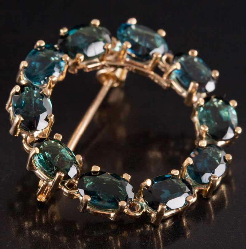 Vintage 1950's 14k Yellow Gold Oval Greenish Blue Sapphire Circle Brooch 7.0ctw