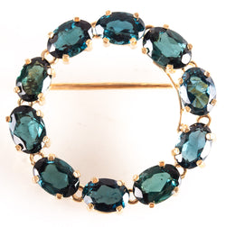 Vintage 1950's 14k Yellow Gold Oval Greenish Blue Sapphire Circle Brooch 7.0ctw