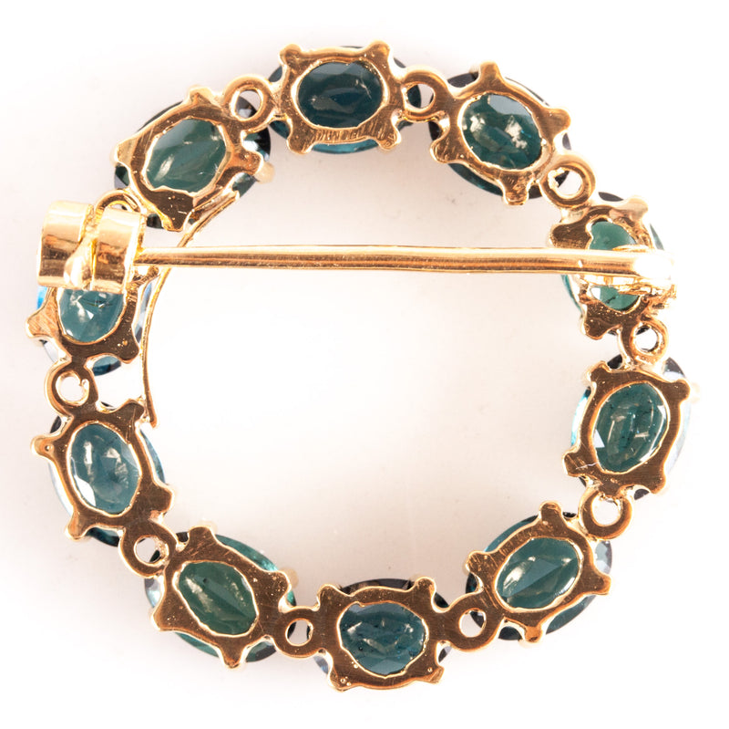 Vintage 1950's 14k Yellow Gold Oval Greenish Blue Sapphire Circle Brooch 7.0ctw