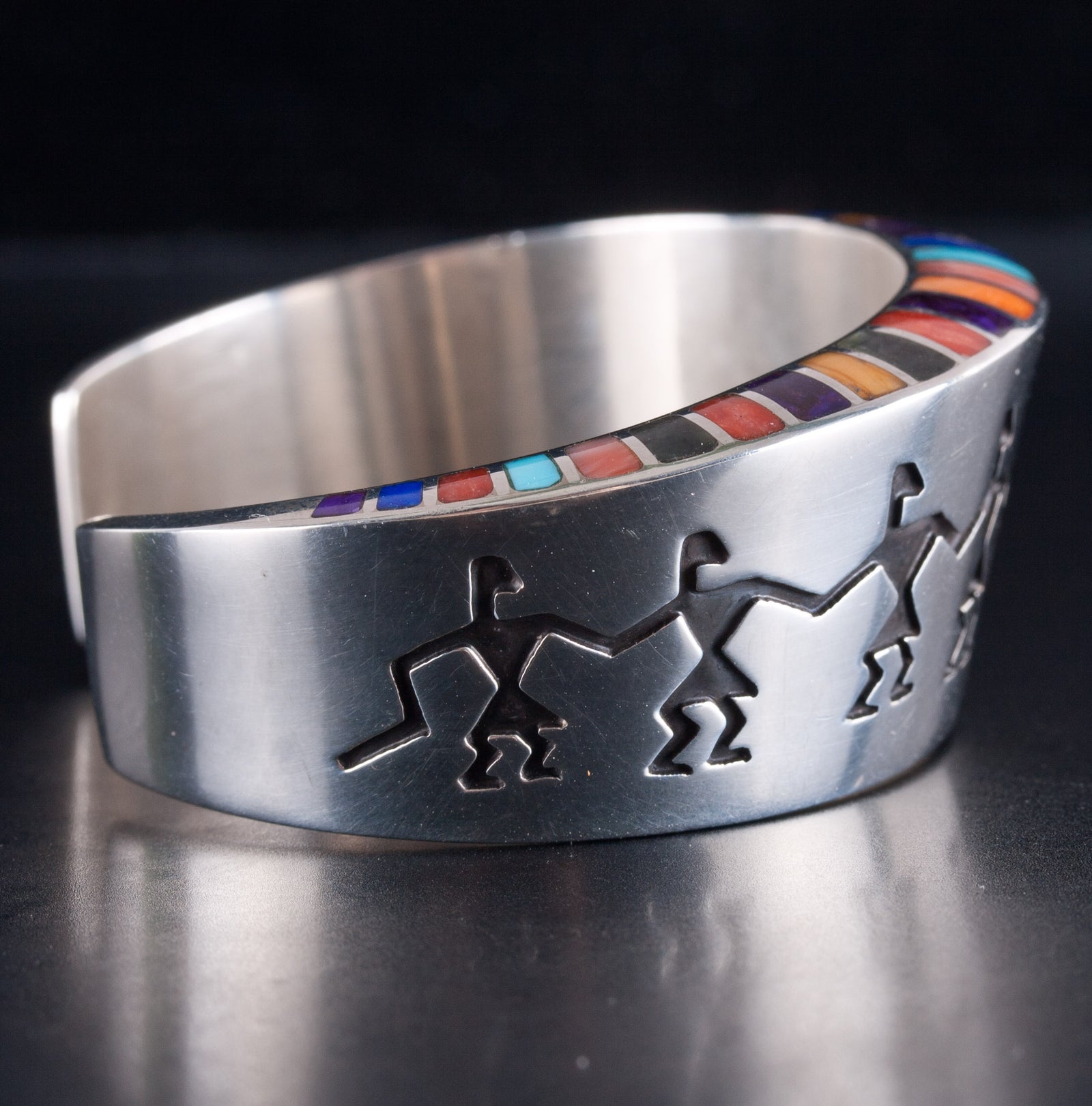 Sterling Silver Navajo Lonn Parker Multi Stone Bird Dancer Cuff