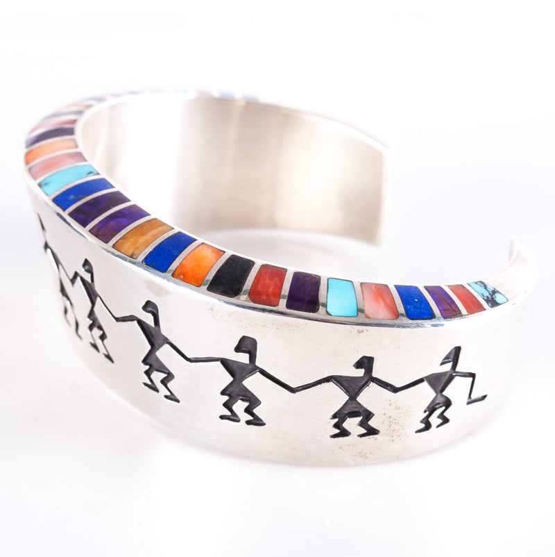 Sterling Silver Navajo Lonn Parker Multi Stone Bird Dancer Cuff Bracelet 46g