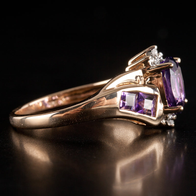 14k Yellow Gold Oval Princess Amethyst Diamond Cocktail Style Ring 1.59ctw 3.24g
