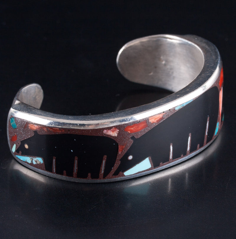 Vintage 1970's Sterling Silver Native American Multi Stone Bear Cuff Bracelet