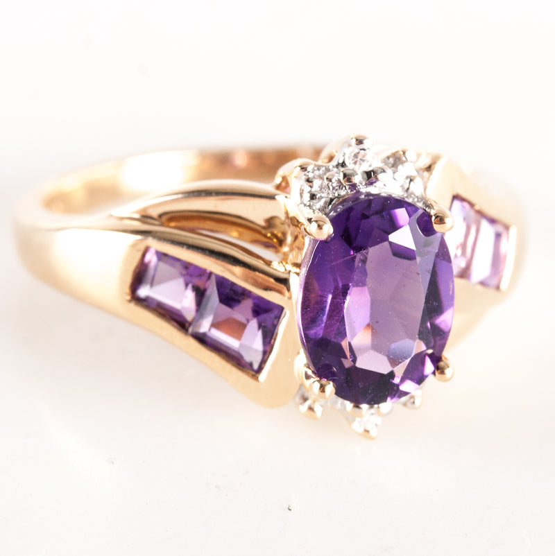 14k Yellow Gold Oval Princess Amethyst Diamond Cocktail Style Ring 1.59ctw 3.24g