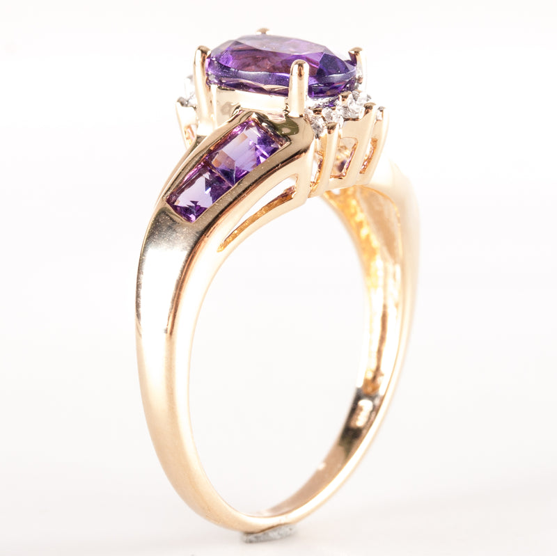 14k Yellow Gold Oval Princess Amethyst Diamond Cocktail Style Ring 1.59ctw 3.24g