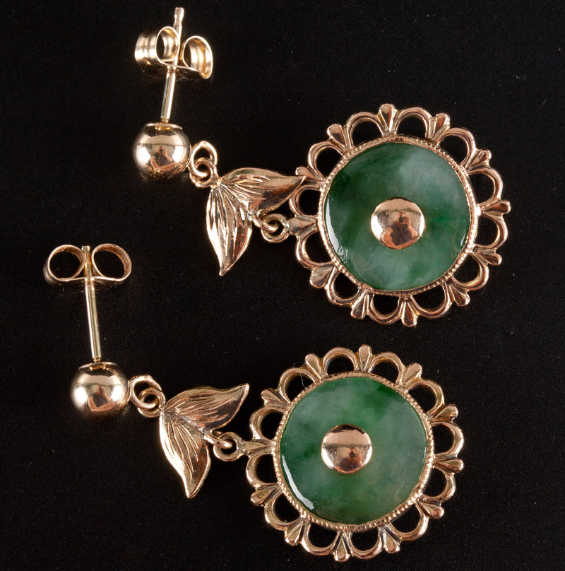 14k Yellow Gold Donut Shaped Jade Dangle Earrings W/ Butterfly Backs 2.71g