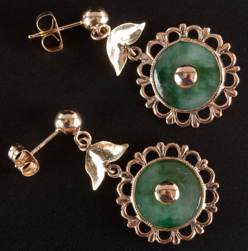 14k Yellow Gold Donut Shaped Jade Dangle Earrings W/ Butterfly Backs 2.71g