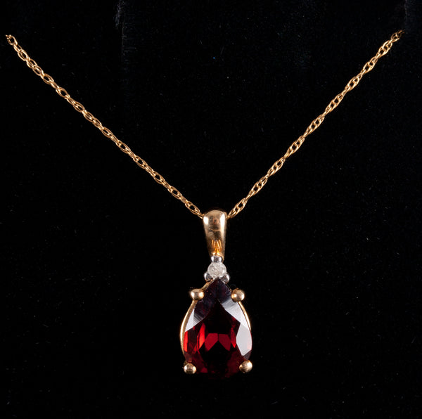 10k Yellow Gold Pear Garnet Diamond Pendant Necklace W/ 18" Chain 1.45ctw