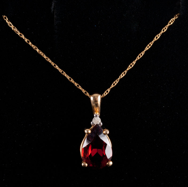 10k Yellow Gold Pear Garnet Diamond Pendant Necklace W/ 18" Chain 1.45ctw