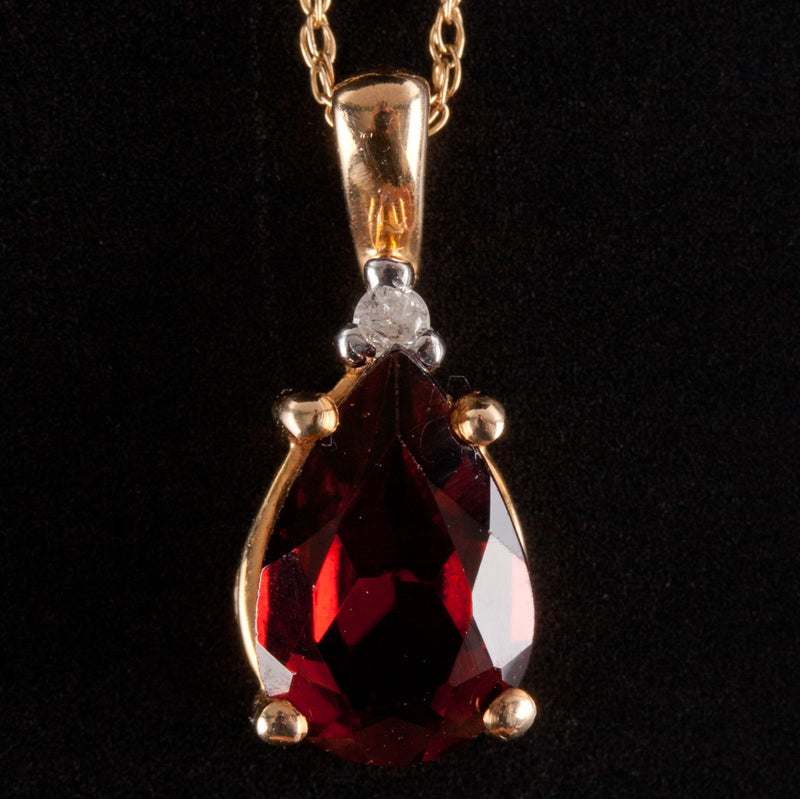 10k Yellow Gold Pear Garnet Diamond Pendant Necklace W/ 18" Chain 1.45ctw