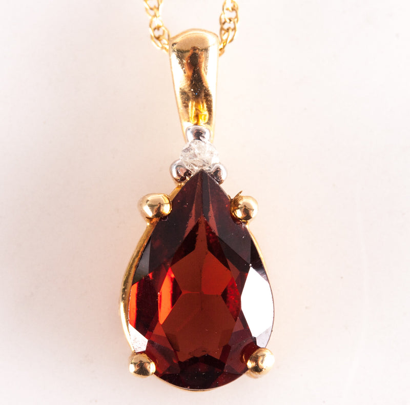 10k Yellow Gold Pear Garnet Diamond Pendant Necklace W/ 18" Chain 1.45ctw