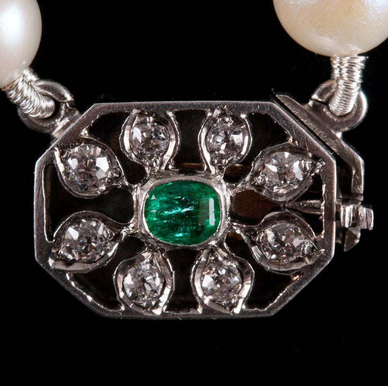 Vintage 1920's Pearl Necklace W/ 18k White Gold Platinum Emerald Diamond Clasp