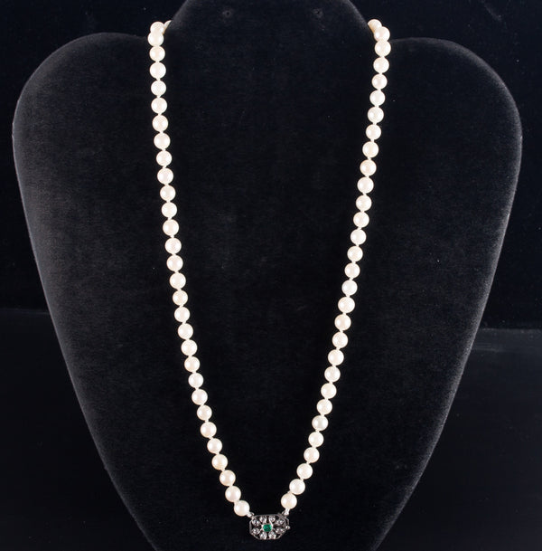 Vintage 1920's Pearl Necklace W/ 18k White Gold Platinum Emerald Diamond Clasp