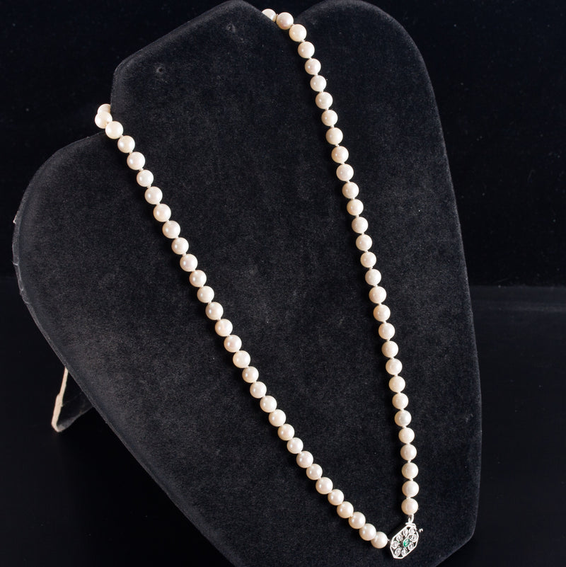 Vintage 1920's Pearl Necklace W/ 18k White Gold Platinum Emerald Diamond Clasp