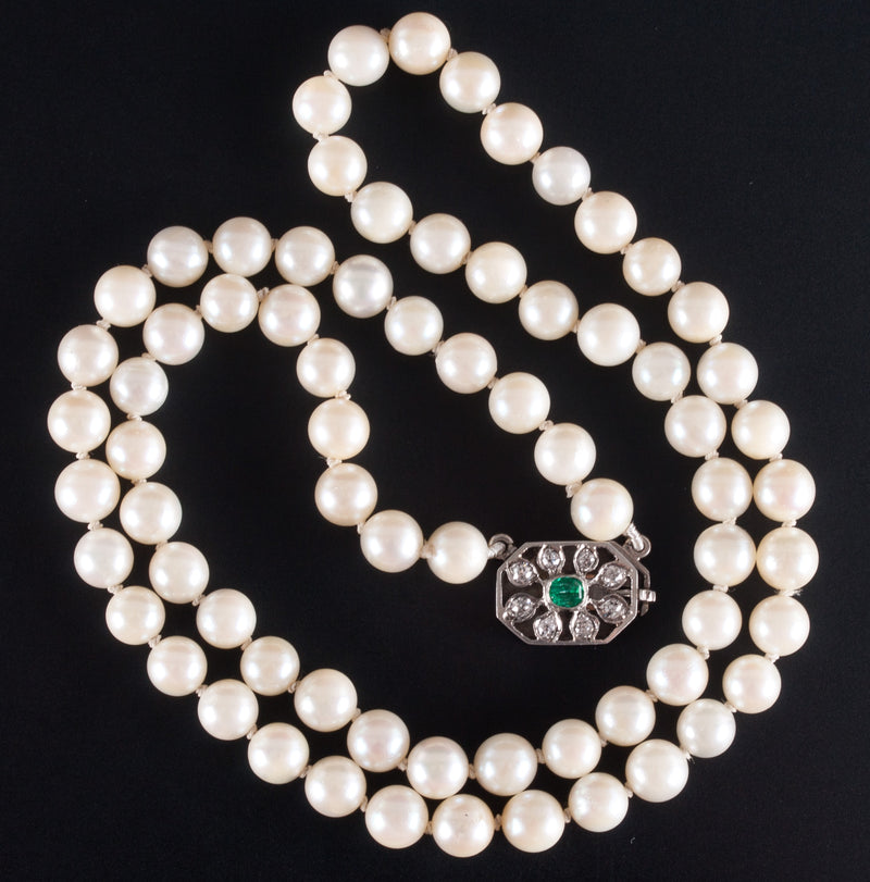 Vintage 1920's Pearl Necklace W/ 18k White Gold Platinum Emerald Diamond Clasp