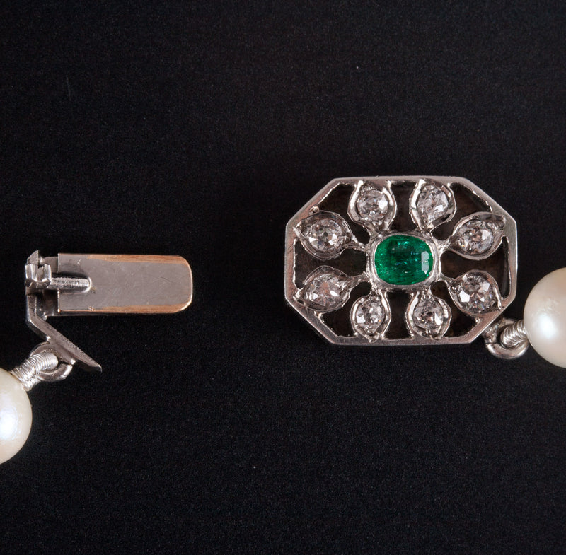 Vintage 1920's Pearl Necklace W/ 18k White Gold Platinum Emerald Diamond Clasp