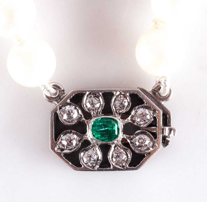 Vintage 1920's Pearl Necklace W/ 18k White Gold Platinum Emerald Diamond Clasp