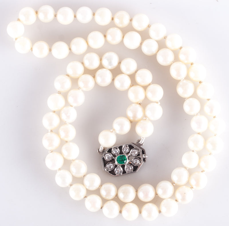 Vintage 1920's Pearl Necklace W/ 18k White Gold Platinum Emerald Diamond Clasp