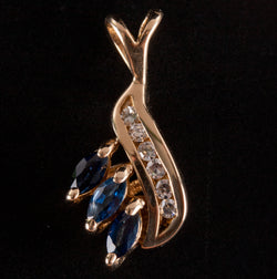 14k Yellow Gold Marquise Sapphire Round Diamond Pendant .18ctw .98g