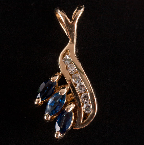 14k Yellow Gold Marquise Sapphire Round Diamond Pendant .18ctw .98g