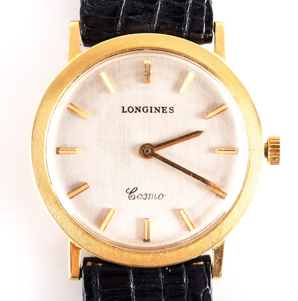 Vintage 1960s 18k Yellow Gold Longines Cosmo Wrist Watch W/ Leather Band