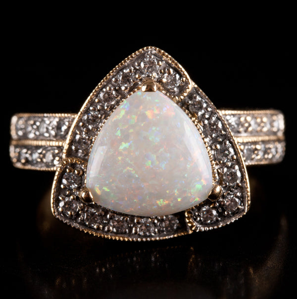 18k Yellow White Gold Cabochon Opal Round Diamond Halo Style Ring 1.41ctw 5.9g