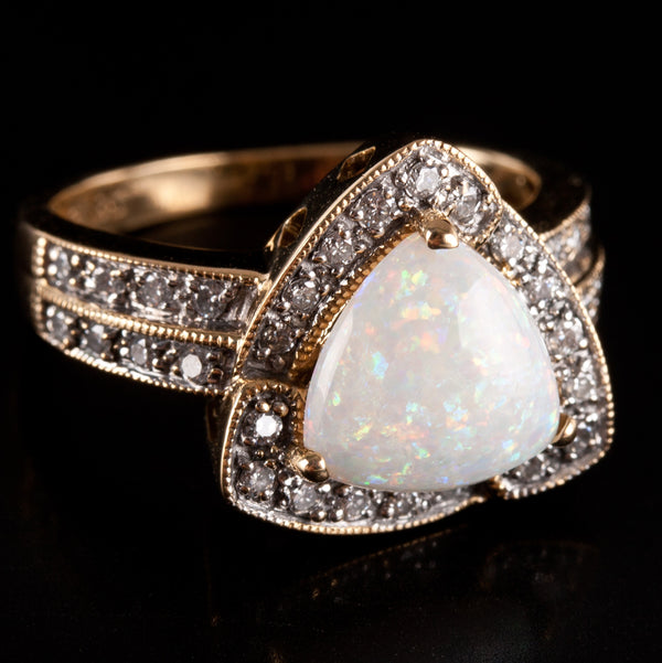 18k Yellow White Gold Cabochon Opal Round Diamond Halo Style Ring 1.41ctw 5.9g