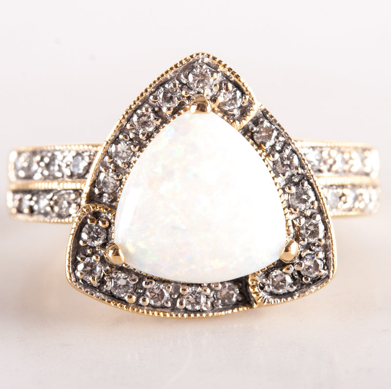 18k Yellow White Gold Cabochon Opal Round Diamond Halo Style Ring 1.41ctw 5.9g