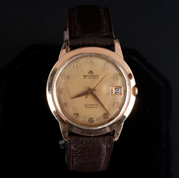 Vintage 1970's Gold Filled Bucherer Incabloc Wrist Watch W/ Calf Skin Band 38g