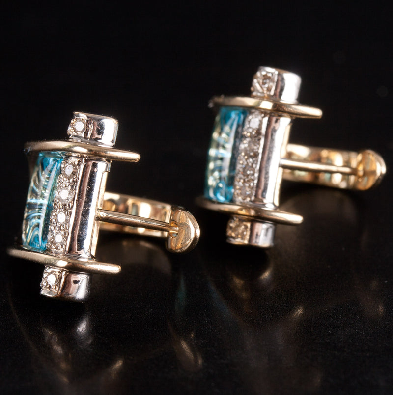 14k Yellow White Gold Swiss Blue Topaz Diamond Huggie Earrings 2.66ctw 10.6g