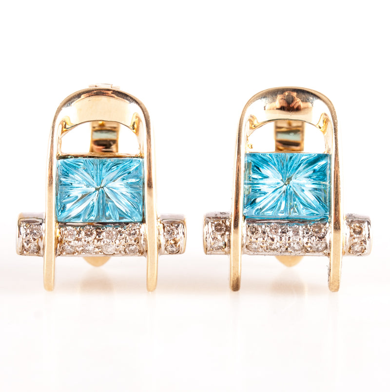 14k Yellow White Gold Swiss Blue Topaz Diamond Huggie Earrings 2.66ctw 10.6g