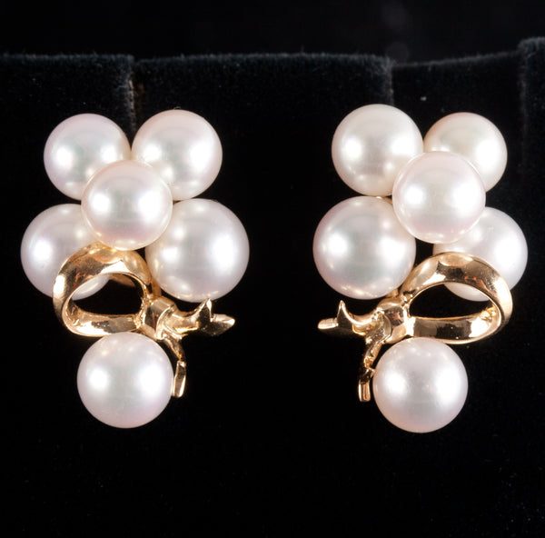 14k Yellow Gold Round Cultured White Pink Pearl Ribbon Cluster Earrings 6.35g