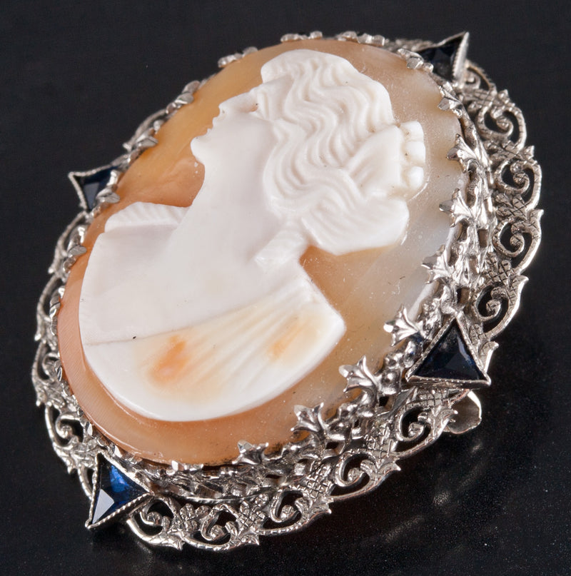 Vintage 1920's 14k White Gold Natural Shell Cameo Brooch W/ Sapphire Accents