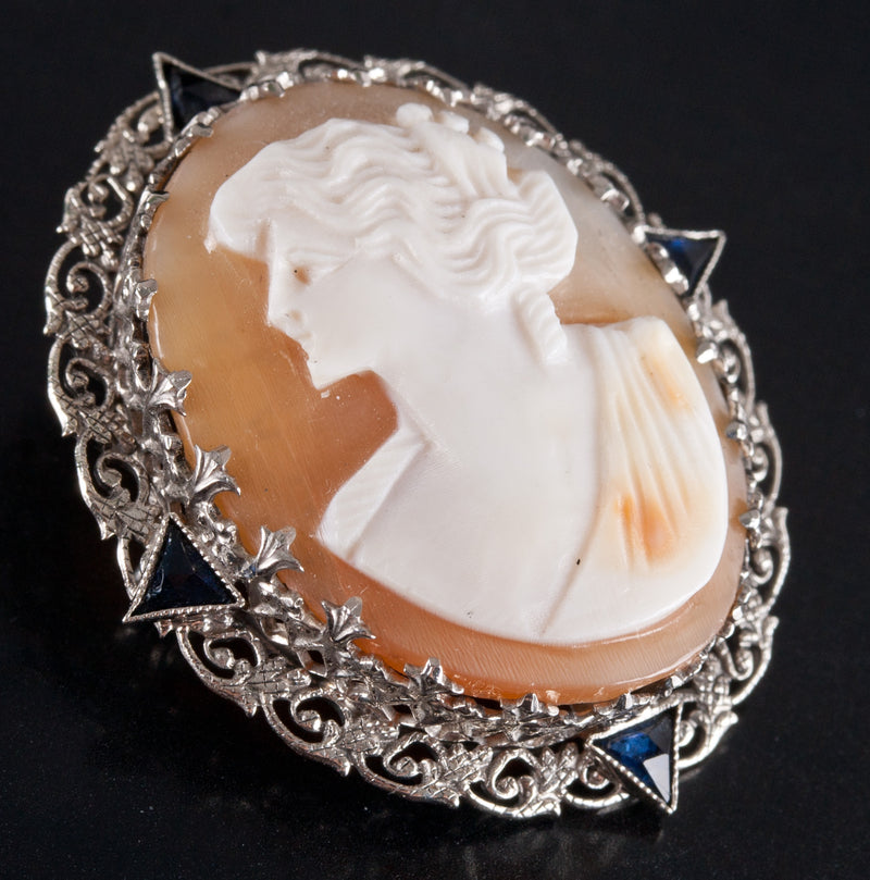 Vintage 1920's 14k White Gold Natural Shell Cameo Brooch W/ Sapphire Accents