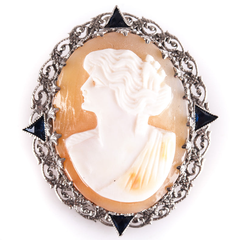 Vintage 1920's 14k White Gold Natural Shell Cameo Brooch W/ Sapphire Accents