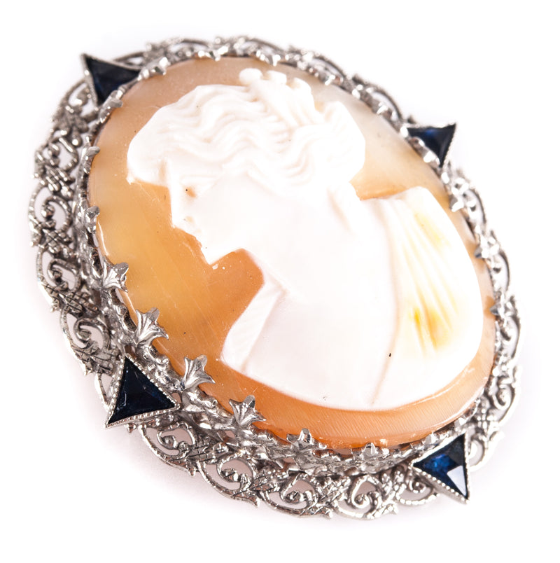 Vintage 1920's 14k White Gold Natural Shell Cameo Brooch W/ Sapphire Accents