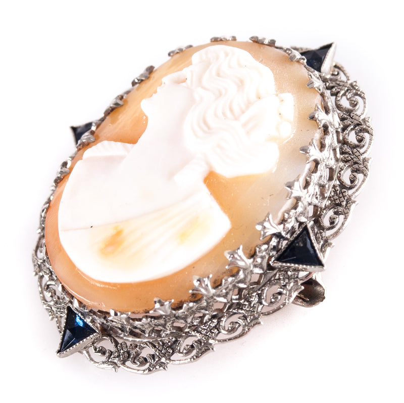 Vintage 1920's 14k White Gold Natural Shell Cameo Brooch W/ Sapphire Accents