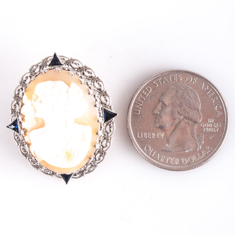 Vintage 1920's 14k White Gold Natural Shell Cameo Brooch W/ Sapphire Accents