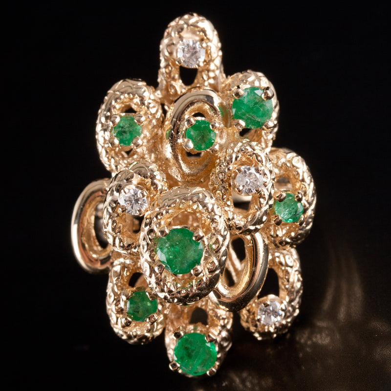 14k Yellow Gold Round Emerald Round Diamond Large Cocktail Ring 1.04ctw 12.25g