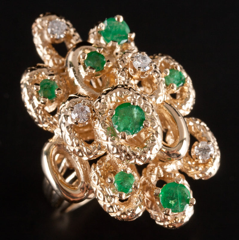 14k Yellow Gold Round Emerald Round Diamond Large Cocktail Ring 1.04ctw 12.25g