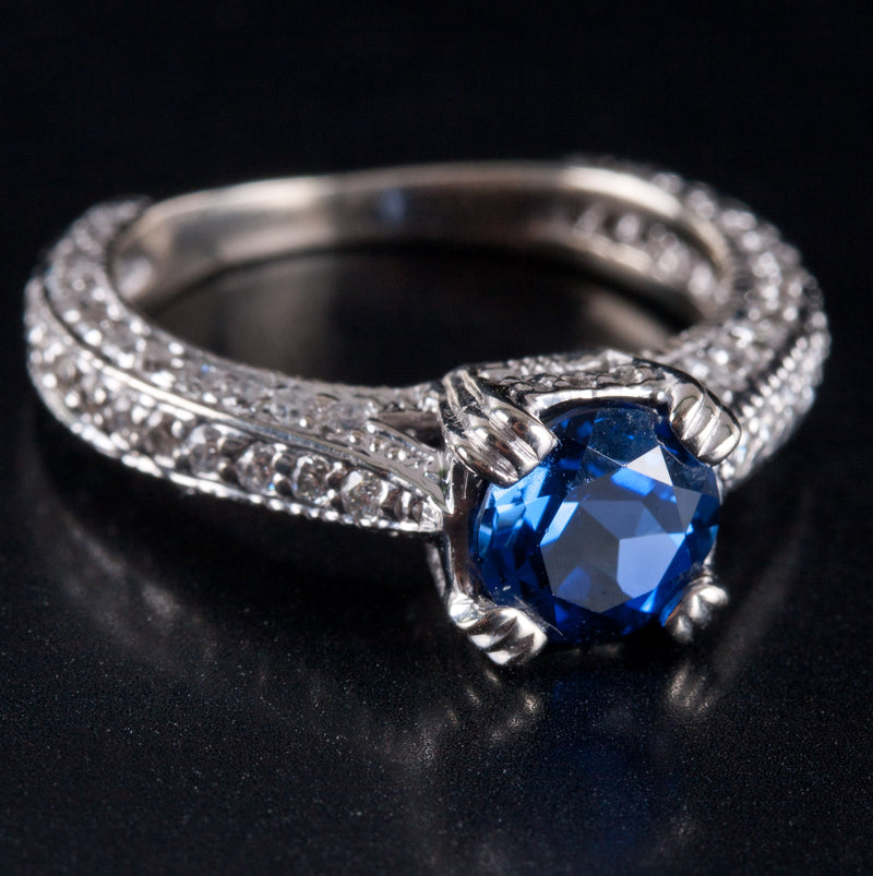 14k White Gold Lab-Created Sapphire Natural Diamond Engagement Ring 2.0ctw 4.4g