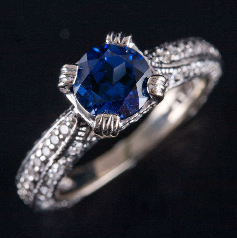 14k White Gold Lab-Created Sapphire Natural Diamond Engagement Ring 2.0ctw 4.4g