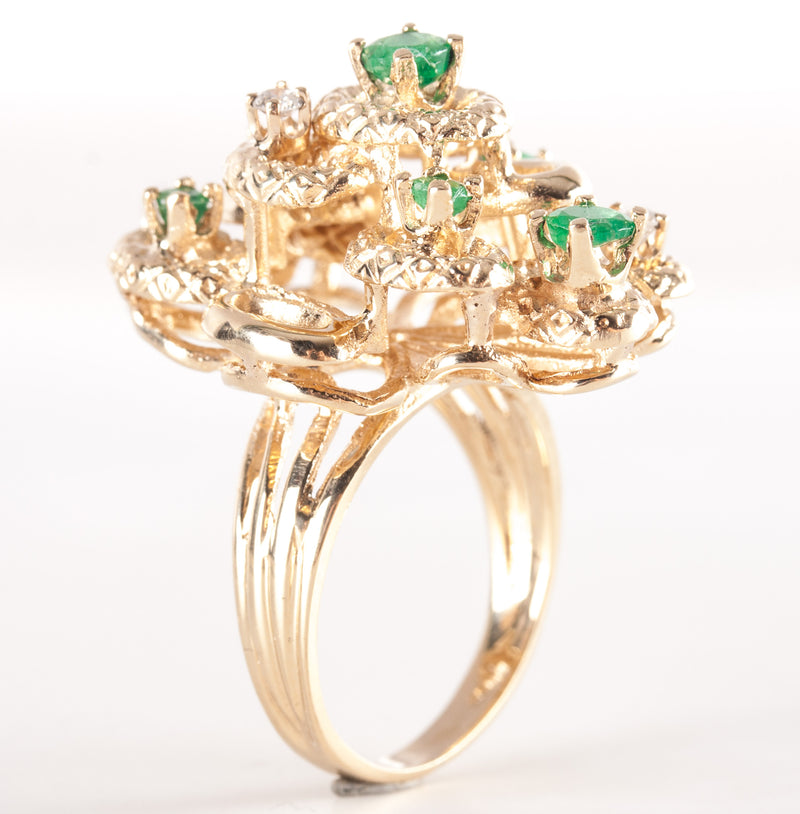14k Yellow Gold Round Emerald Round Diamond Large Cocktail Ring 1.04ctw 12.25g