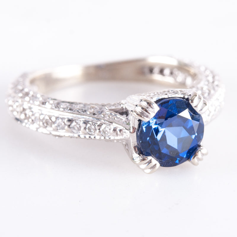 14k White Gold Lab-Created Sapphire Natural Diamond Engagement Ring 2.0ctw 4.4g