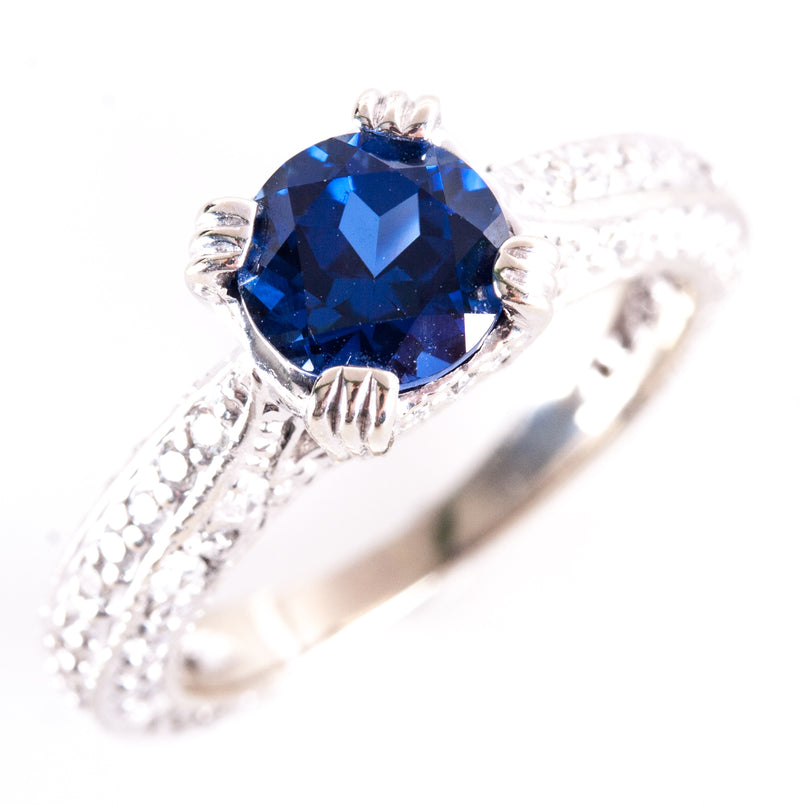 14k White Gold Lab-Created Sapphire Natural Diamond Engagement Ring 2.0ctw 4.4g