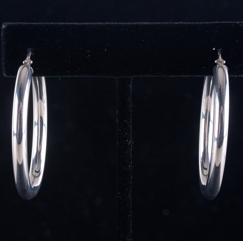 14k White Gold Italian Hollow Hoop Style Earrings W/ Saddlebacks 3.78g