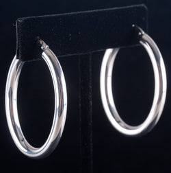 14k White Gold Italian Hollow Hoop Style Earrings W/ Saddlebacks 3.78g