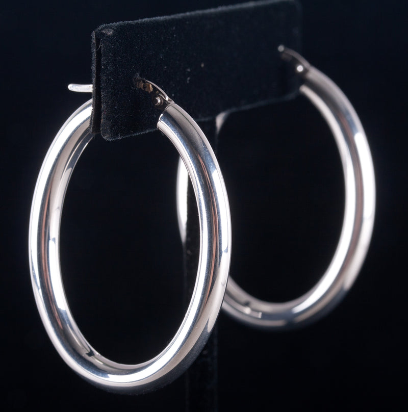 14k White Gold Italian Hollow Hoop Style Earrings W/ Saddlebacks 3.78g