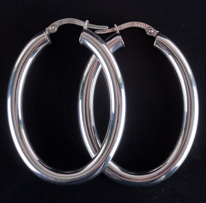 14k White Gold Italian Hollow Hoop Style Earrings W/ Saddlebacks 3.78g