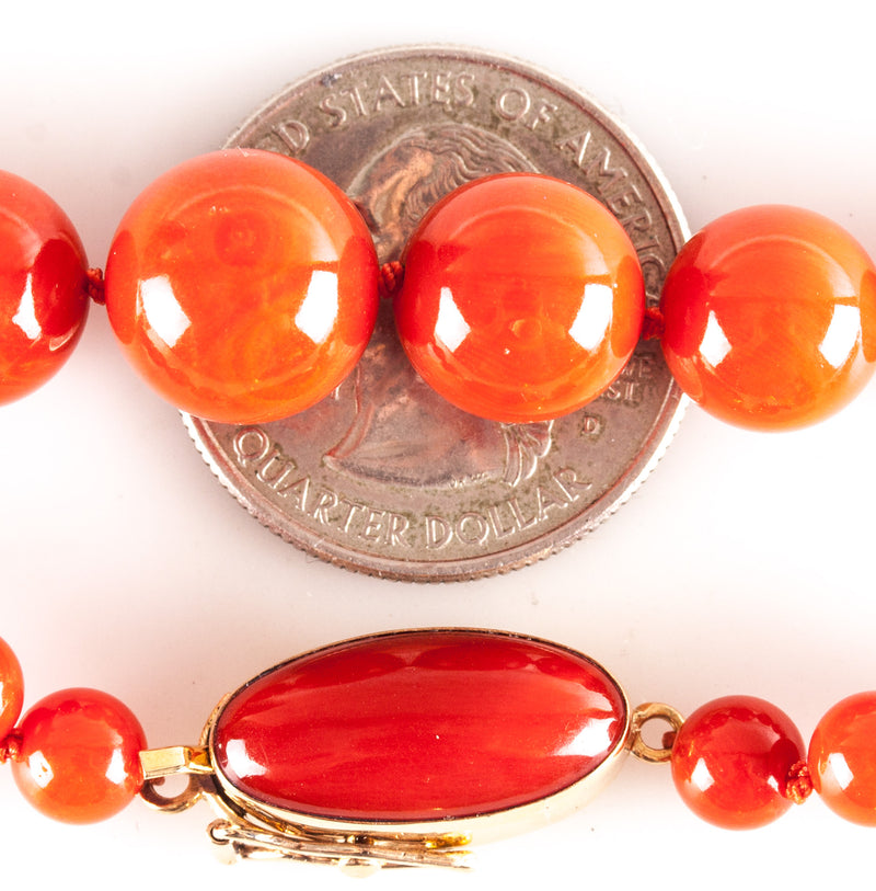 Vintage 1960's 18k Yellow Gold Natural AAA Red Coral Necklace Earring Set 57.37g